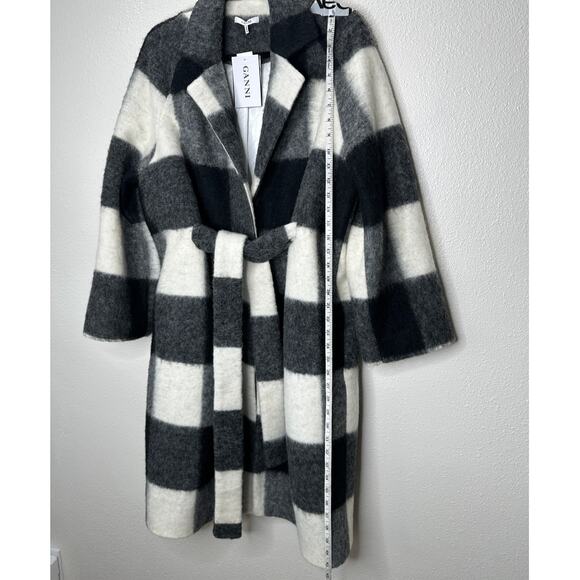 NWT Ganni McKinney Wool in Egret Black & Cream Check Belted Jacket 40 / 10 - Picture 12 of 16